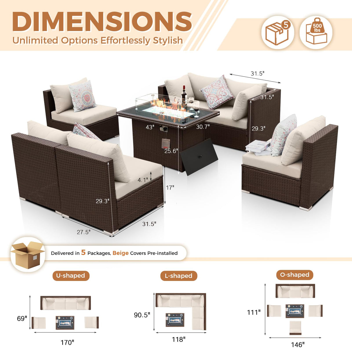 BULEXYARD 7 Pcs High Back Patio Furniture Set with Fire Pit Table Propane/Natural Gas Dual Fuel, All-Weather Outdoor Sectional Couch, Comfy Backyard Seating for Exterior, Brown Wicker & Beige Cushion BULEXYARD