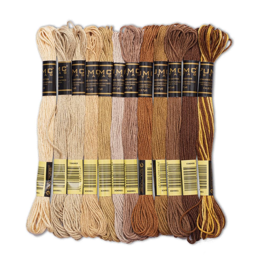 UMC STAG 12 Pieces | Premium Embroidery Thread | 100% Egyptian Cotton Premium Skeins | Cross Stitch Embroidery Floss | Oeko TEX Certified Stranded Cotton (Brown Tones) UMC STAG