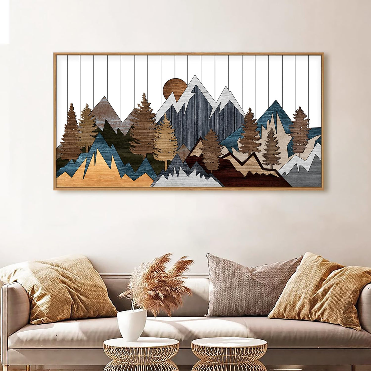 CHDITB Framed Wood Mountain Wall Art, 20"x40" Large Country Woodcut Style Wall Decor, Rustic Forest Nature Wall Painting, Modern Canvas Art Prints for Living Room, Bedroom, Farmhouse, Office CHDITB