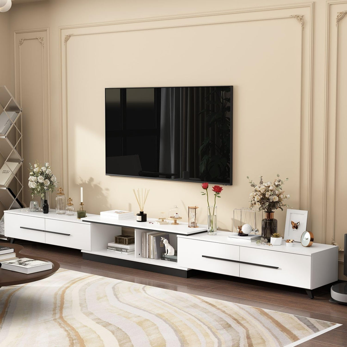FAMAPY Modern TV Console Extendable Media Console, Adjustable Length, Contemporary Entertainment Center with Drawers and Legs, for Living Room White and Black (95”-133.9”W x 15.2”D x 13.1”H) FAMAPY