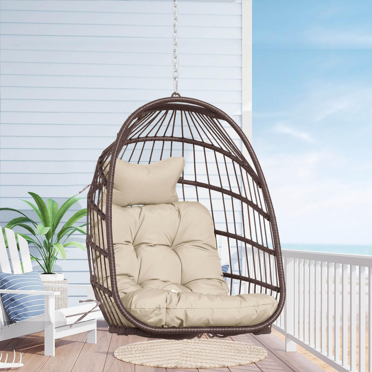 Nicesoul Outdoor Hanging Egg Chair Without Stand, Patio Wicker Swing Egg Basket Chairs with Padded Cushions, 350 Lbs Ceiling Tree Swinging Egg-Shaped Chair No Stand for Indoor Bedroom Porch, Brown NICESOUL