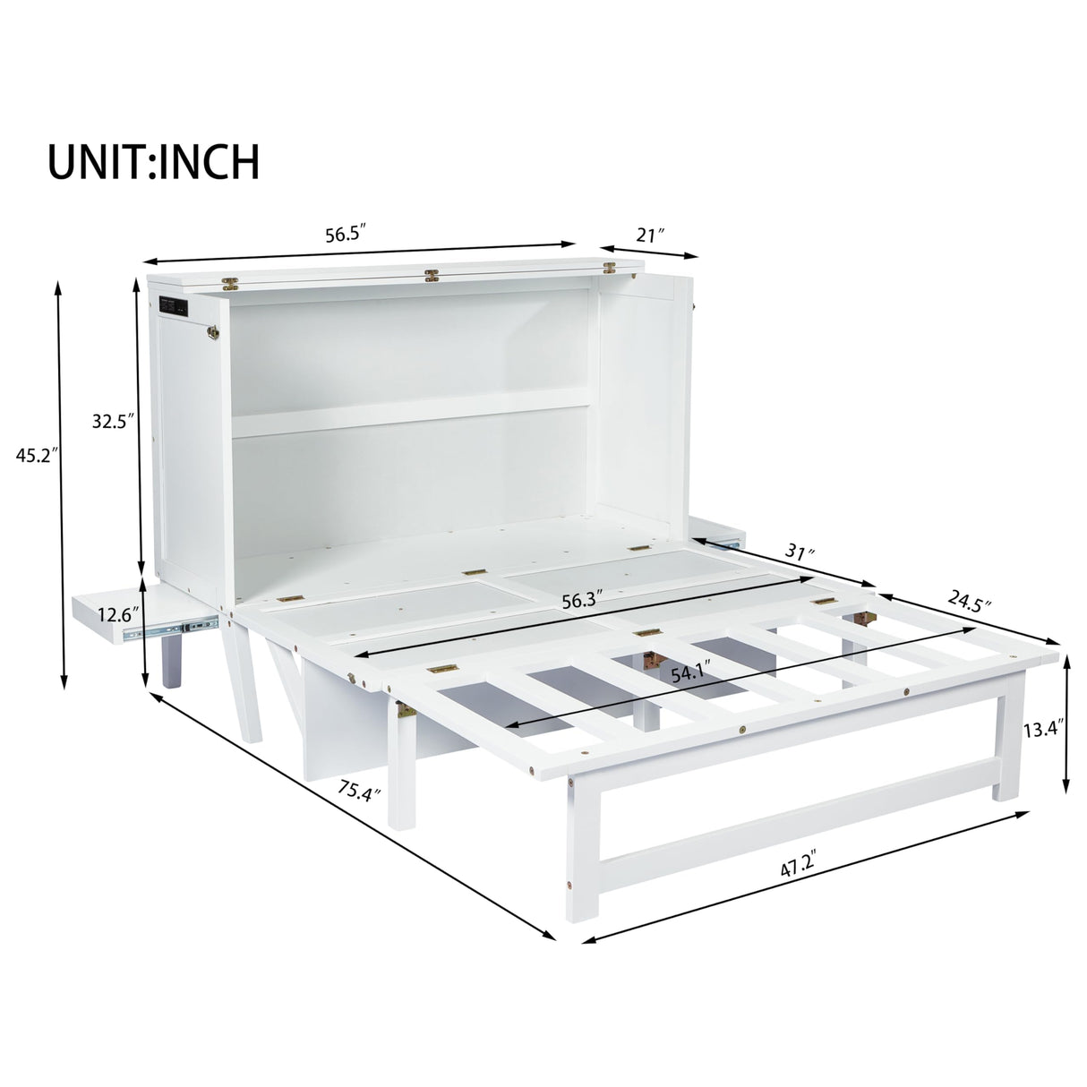 KEIKI Full Size Cabinet Murphy Bed with Charging Station, Drawers, Removable Shelves, Multiple Storage Foldable Hideaway Wall Murphy Bed Frame, No Box Spring Needed, Easy Assembly, for Bedroom, White KEIKI