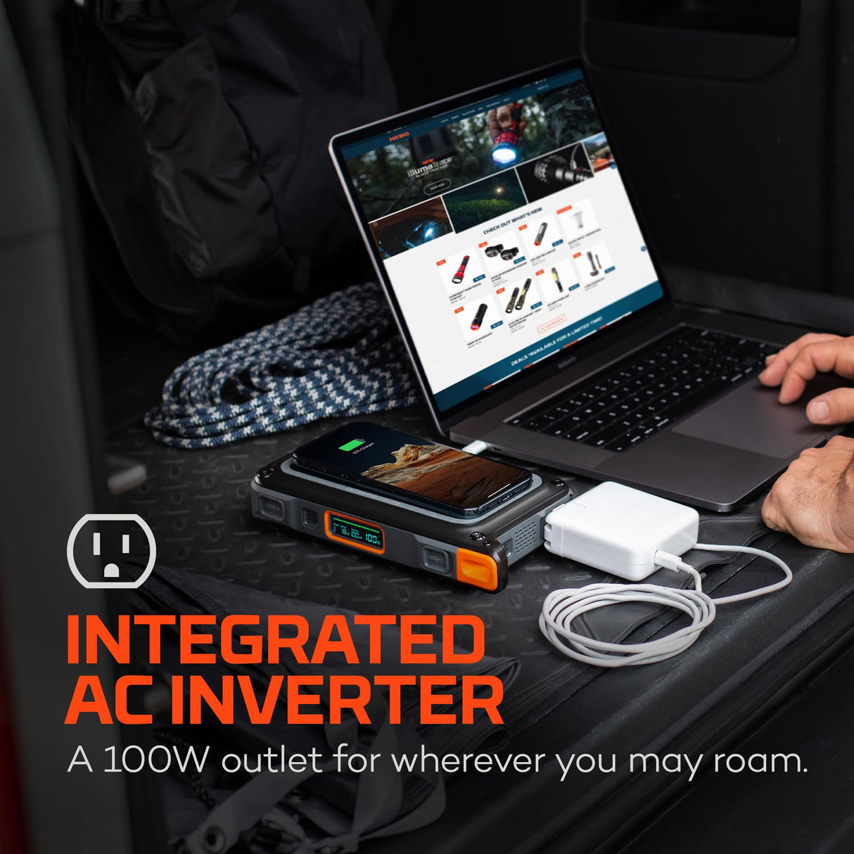 NEBO RAMBLER Portable Power Station, Powerful, Handheld, Versatile, Multi-Device Charging, Solar Ready with Integrated AC Inverter for Power to Work Remotely On or Off the Grid, Rambler 100 NEBO