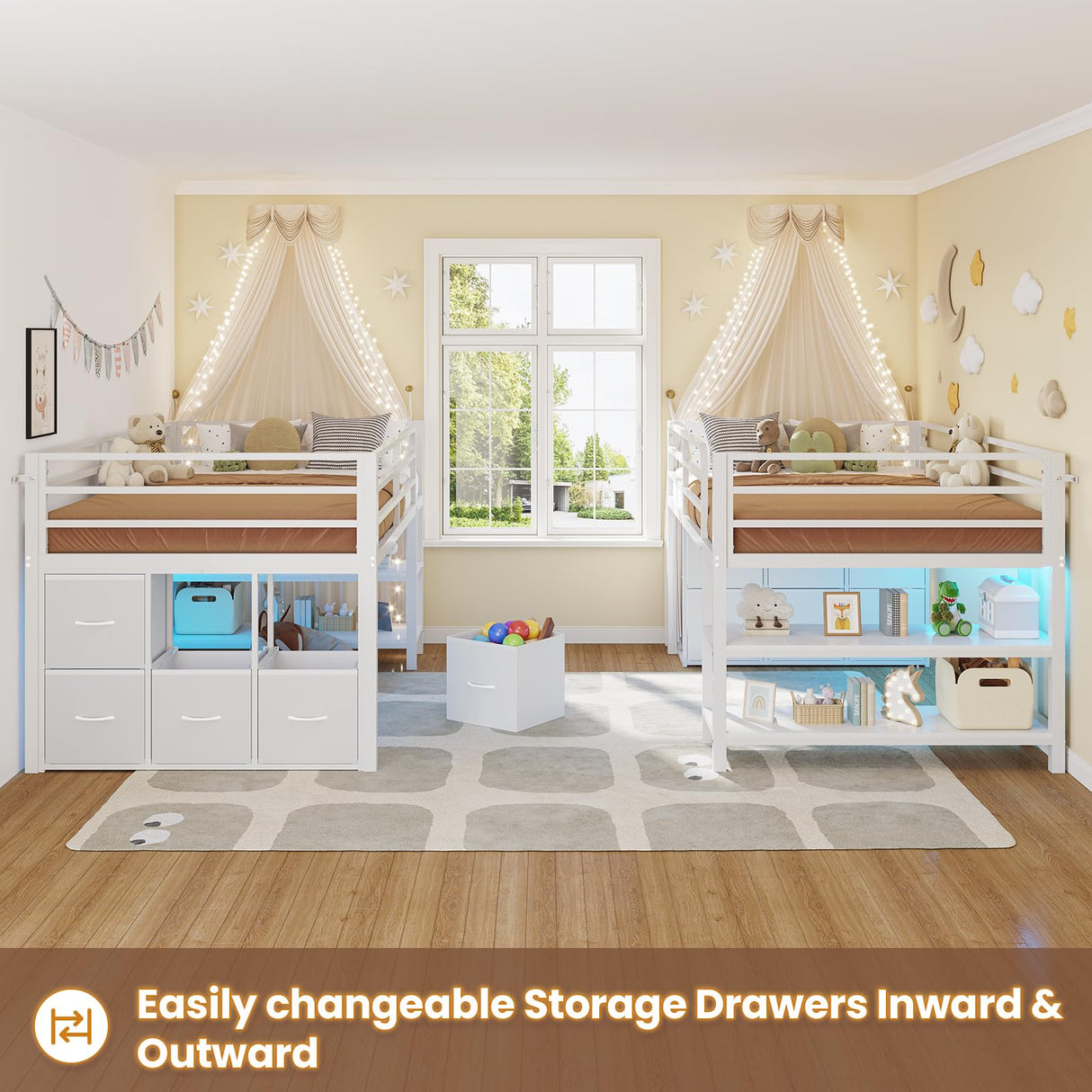 BTHFST Twin Size Low Loft Bed with 6 Fabric Storage Drawers, Metal Loft Bed Twin with LED Lights & Open Storage Shelves, 15" H Safety & Guardrail Stairs Loft Bed for Kids, White BTHFST