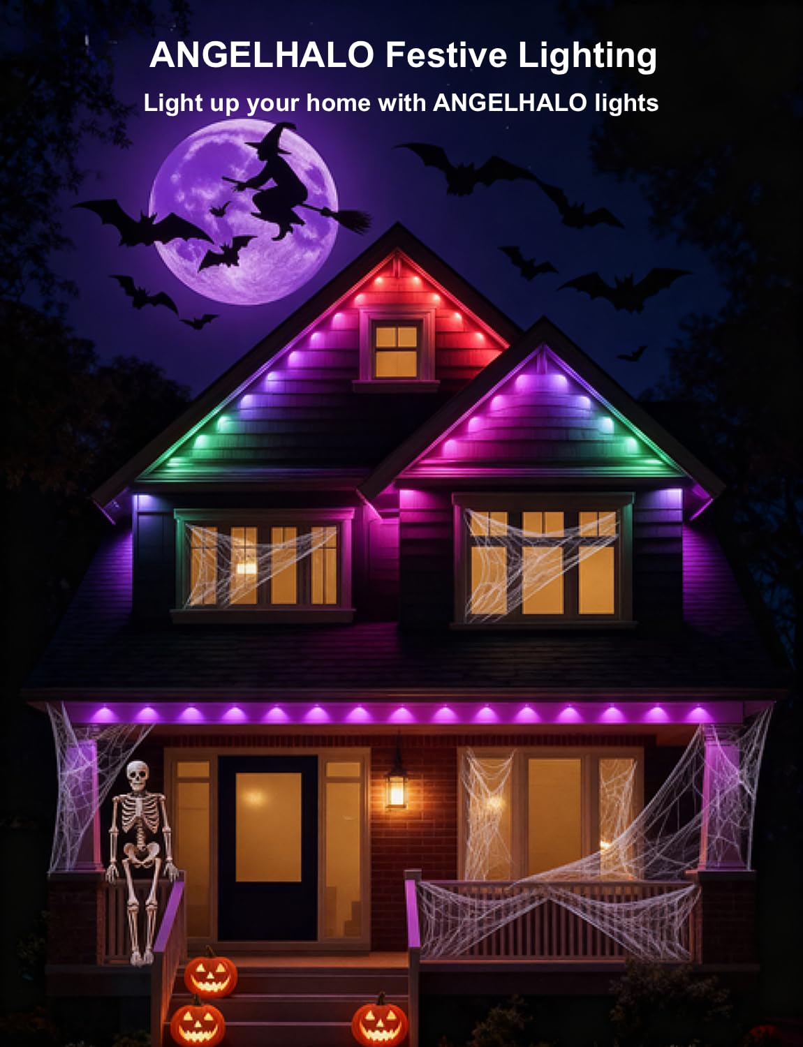 ANGELHALO Permanent Outdoor Lights, 100ft Smart Outdoor Lights with 72 LED Lights, Cool/Warm Eaves Lights IP65 Waterproof for Christmas, Halloween, Party, Compatible with Alexa, Google Assistant ANGELHALO