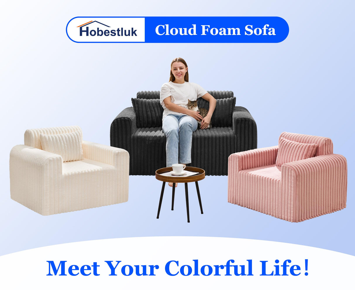 Hobestluk Couch Sofa 2-Seater Foam Sofa Loveseat for Small Spaces Comfy Sofas with Removable Cover Furry Couch with Pillows for Living Room, Bedroom, Apartment, Office (Black, Loveseat) Hobestluk