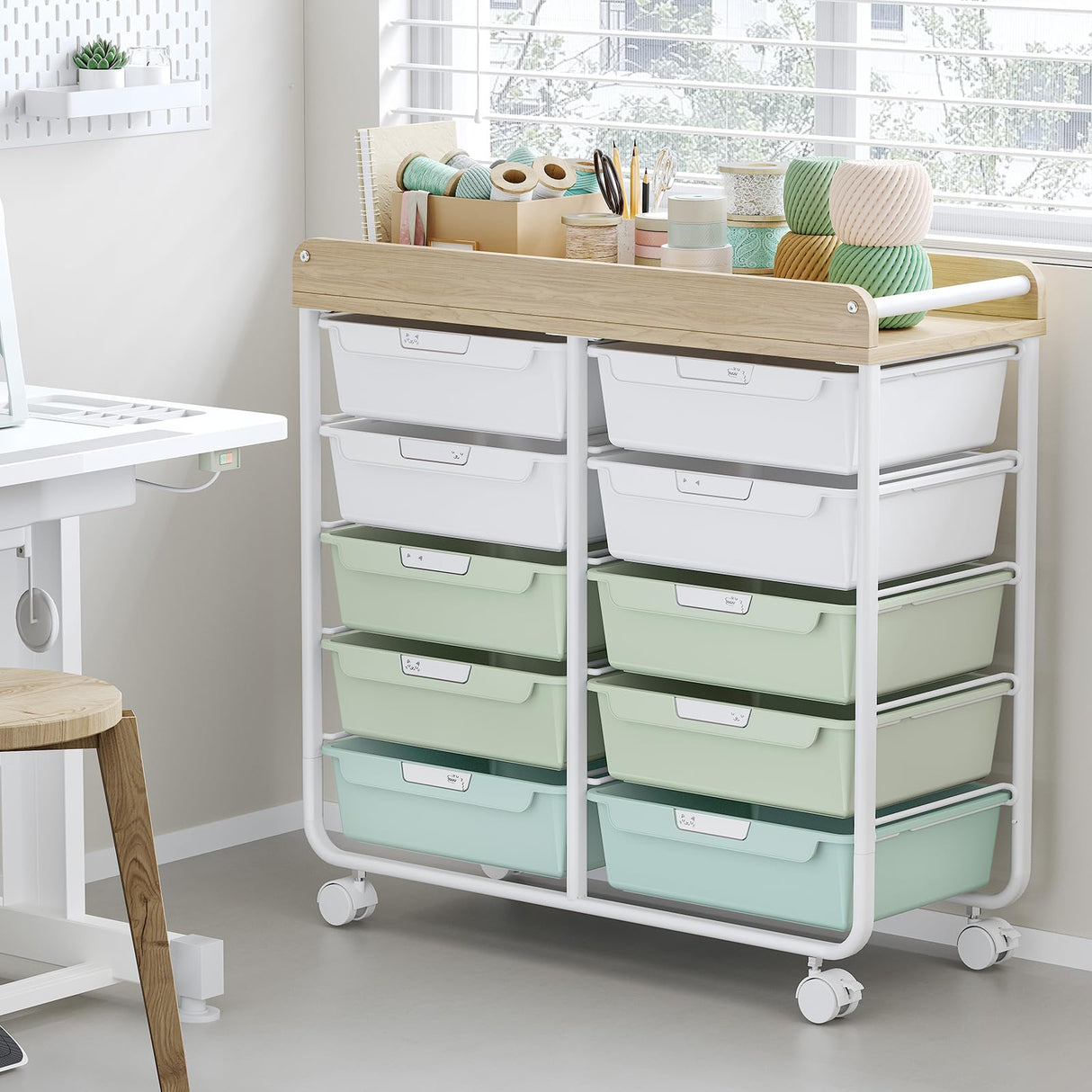 Rolling Storage Cart with 10 Large Drawers, Utility Cart with Wooden TableTop for Craft Organizers, Art Supply Storage, Home Office Organization, Cart with Wheels for Classroom, School, Green SYKIARIOL