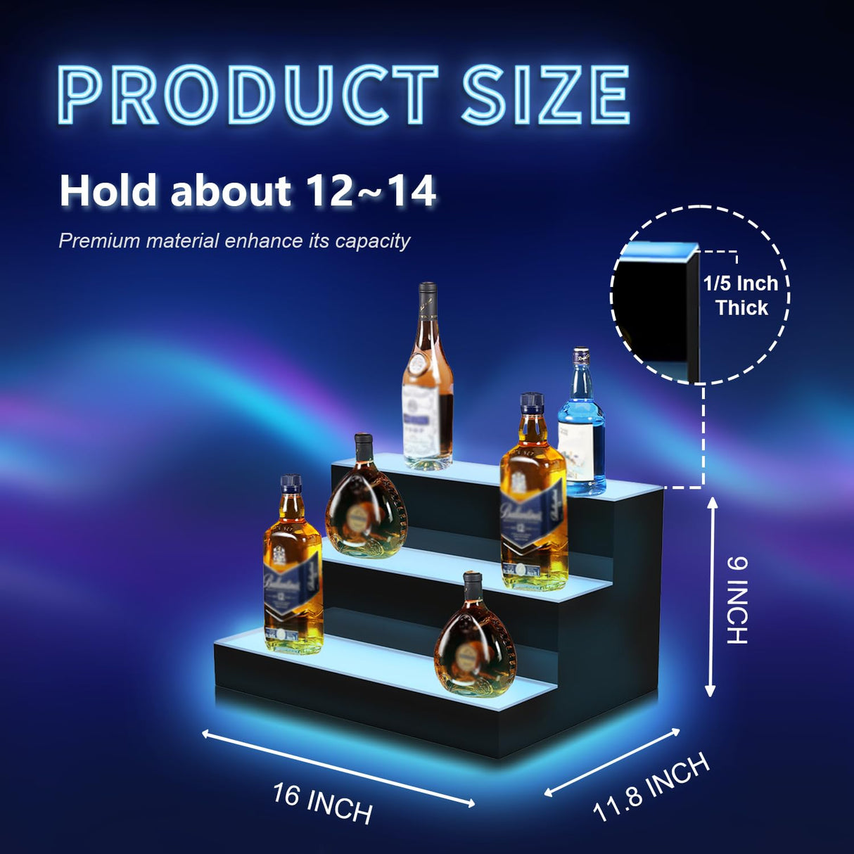 MESAlLUP 16 Inch 3 Tier LED Lighted Liquor Bottle Display Shelf with Remote Control, Detachable Multi Color Lighting Bar Accessories for Home, Party & Commercial Use MESAILUP