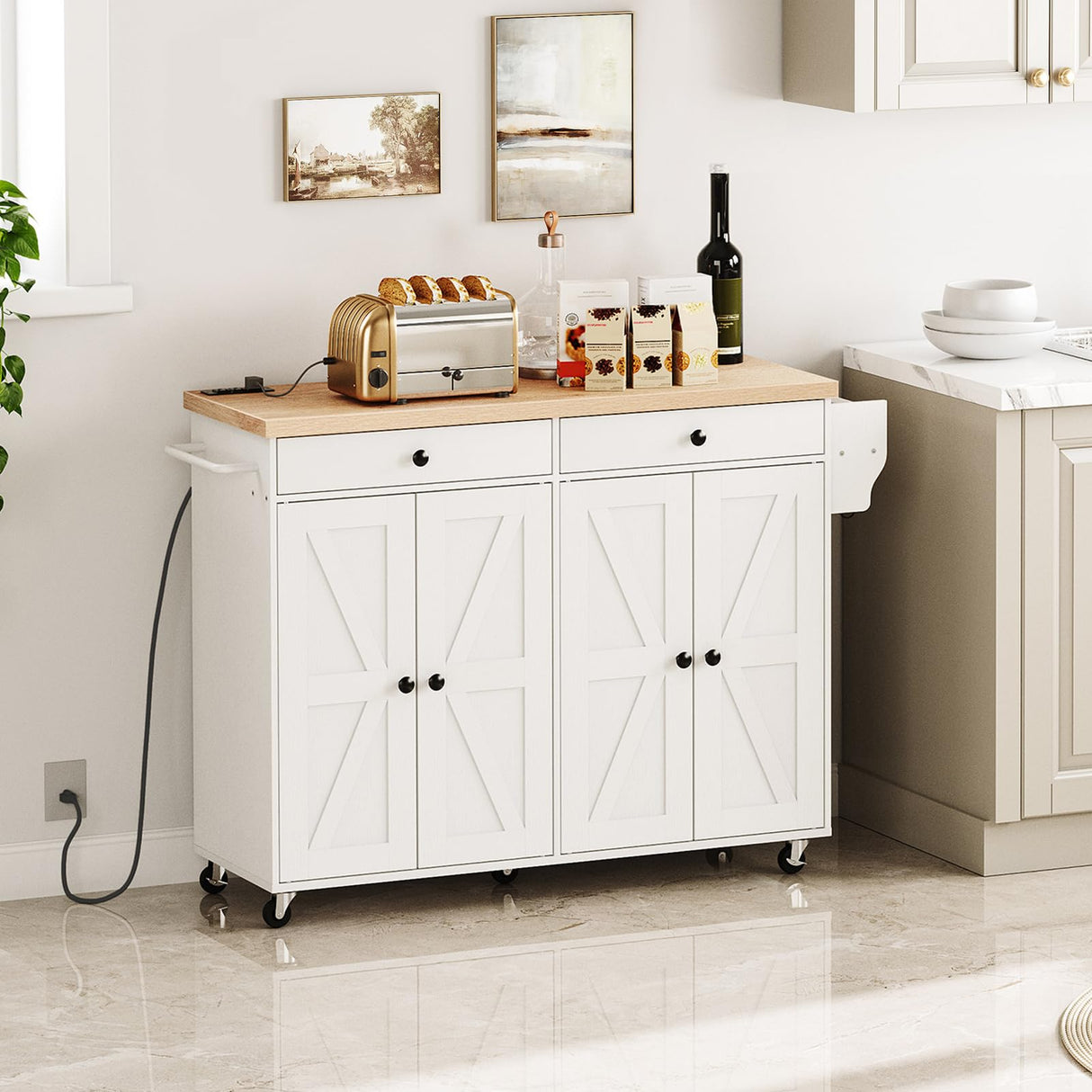 HOOBRO 43.3 Inch Kitchen Island with Charging Station, Rolling Kitchen Island with Storage, Kitchen Island Cart with Spice Rack and Hooks, for Kitchen, Living Room, White and Natural WN11UZD01 HOOBRO