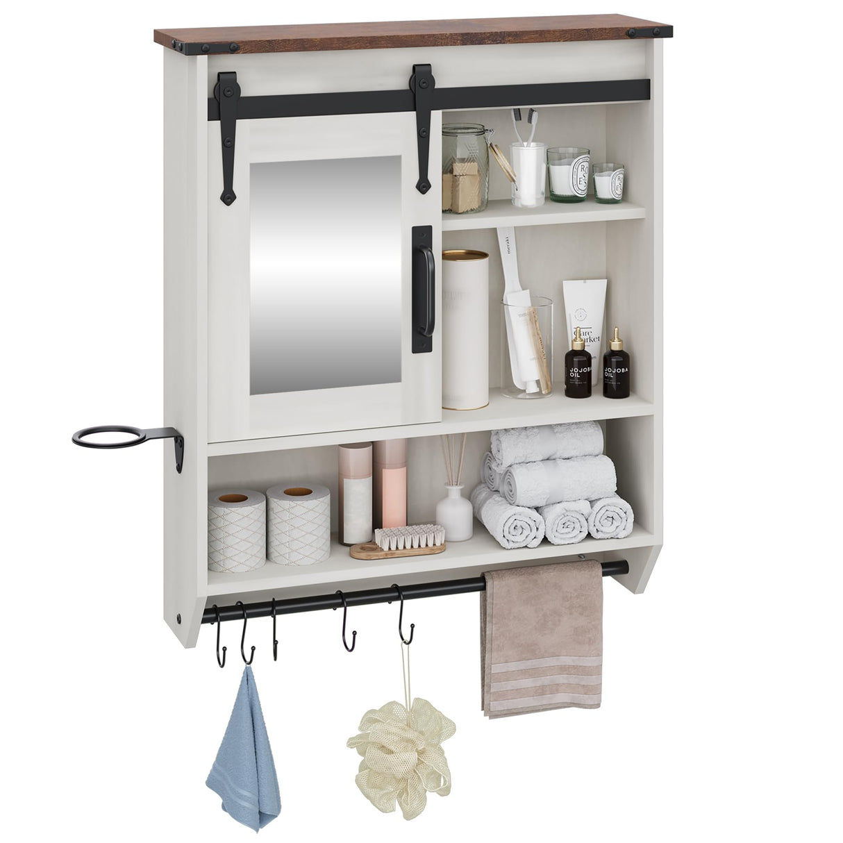 Bathroom Storage Cabinet with Mirror, Wood Farmhouse Medicine Cabinet with Adjustable Shelf, Hanging Bar S-Hooks Hair Dryer Holder, Wall Mounted Cabinet for Laundry Room Kitchen Living Room, White Cakhdry