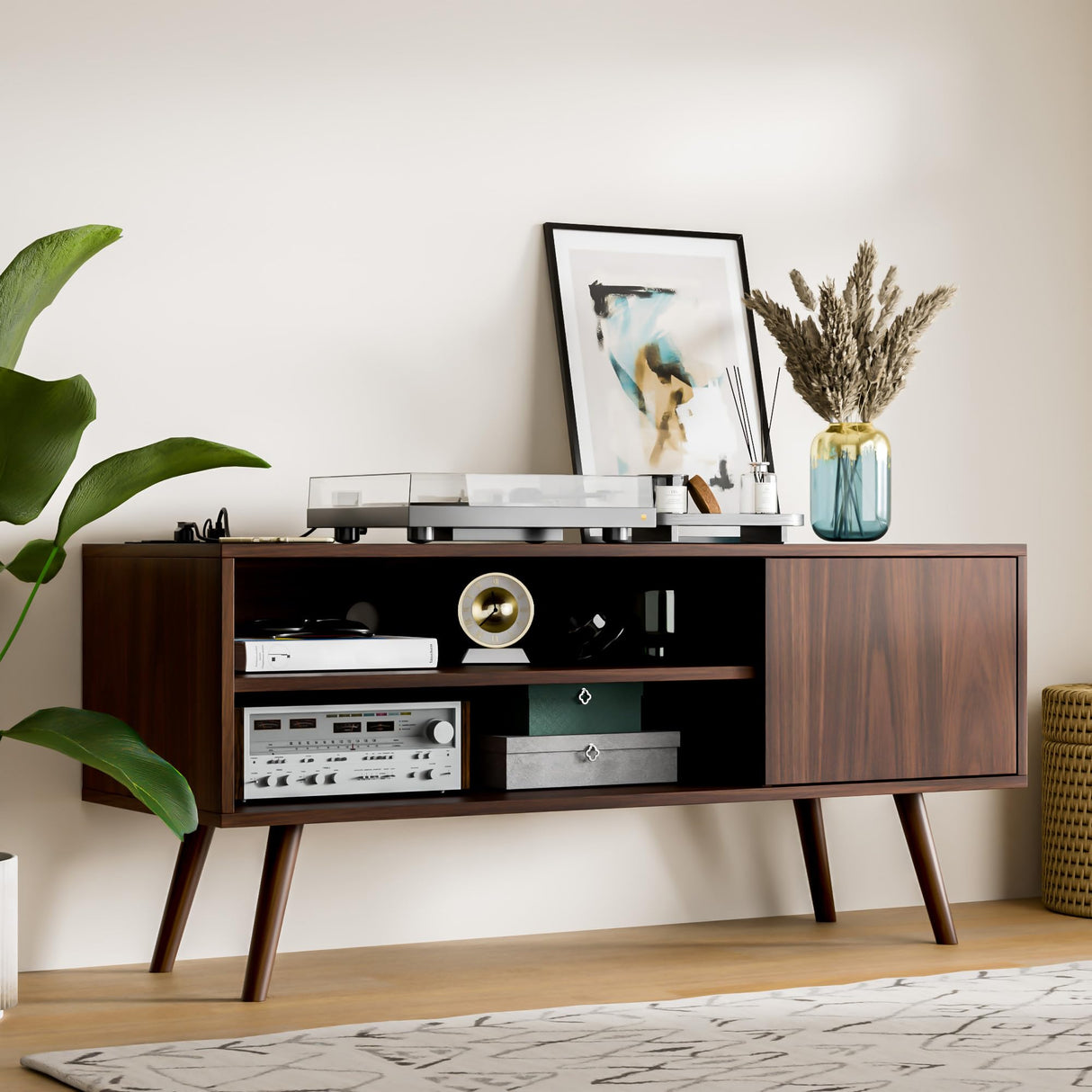 Cozy Castle TV Stand for 48 Inch TV, Mid Century Modern Entertainment Center with Storage Cabinet, TV Media Console for Living Room, Bedroom, Dark Brown Cozy Castle