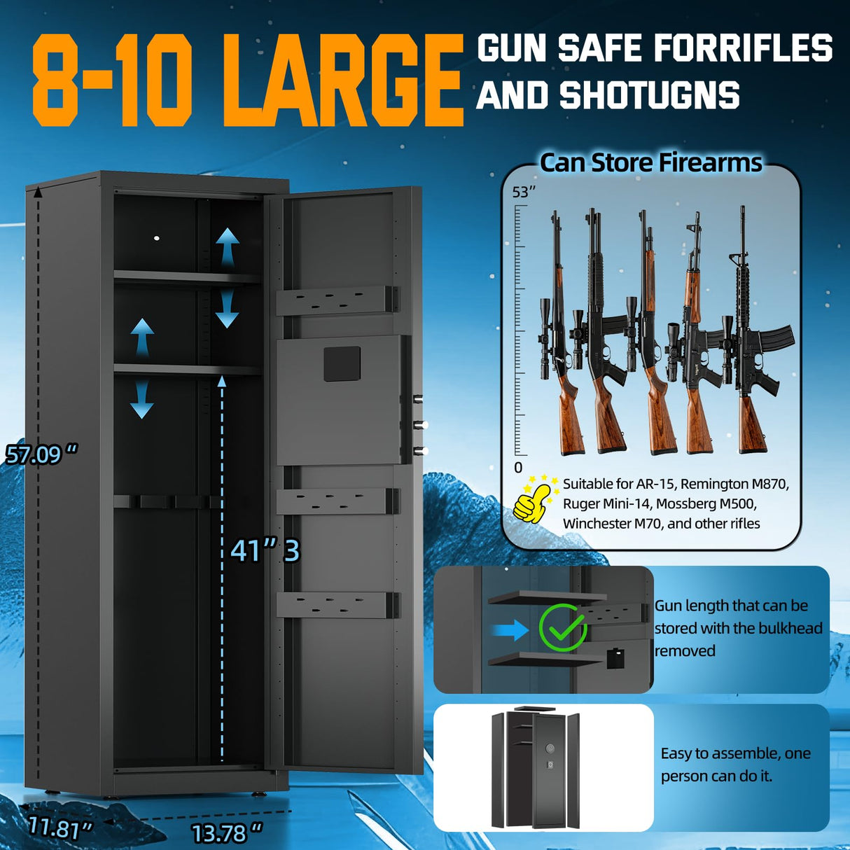 8-10 Long Gun Safe for Rifles and Pistols with Digtal Keypad, Quick Access Rifle Safe with Dual Alarm and Mute Mode, Gun Cabinets for Rifles and Shotguns with 2 Removable Shleves, Easy Assemble Yiosotne