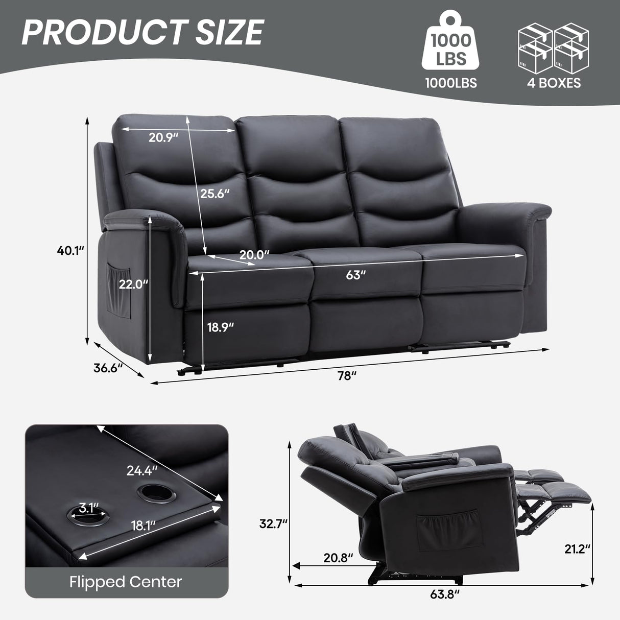 Consofa Reclining Sofa, 3 Seater Recliner Sofa with Flipped Middle Backrest,Cup Holder, Loveseat Recliner Sofa PU Leather Manual Reclining Couch for Living Room, Home Theater Seating Consofa