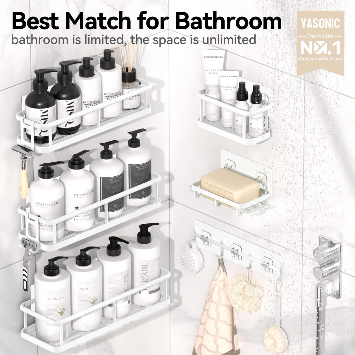 YASONIC Shower Caddy, 6 Pack Large Capacity shower organizer with Soap Holder and 12 Hooks, Rustproof Shower Shelves for Inside Shower, No Drilling&Sleek Bathroom Organizers and Storage White YASONIC