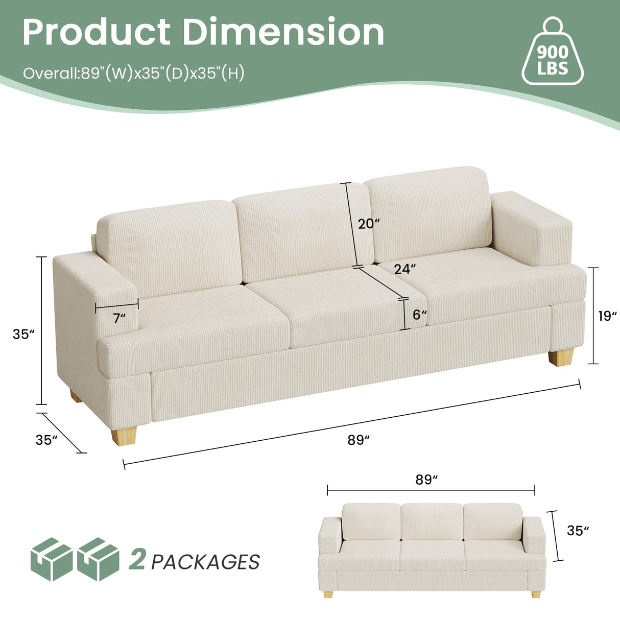 2 Pieces Corduroy Couch Set for Living Room, 5 Seats Cloud Sofa, Deep Seat Floor Couch for Bedroom, Futon Modern Sofa Bed, White Corduroy YOUDENOVA