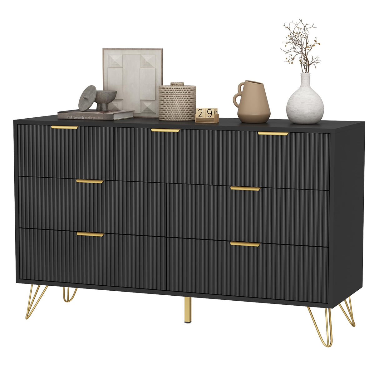 BAZELOR Black Dresser for Bedroom, 7 Drawers Dresser with Golden Handles, Modern Wood Chest for Living Room, Hallway, Entryway BAZELOR