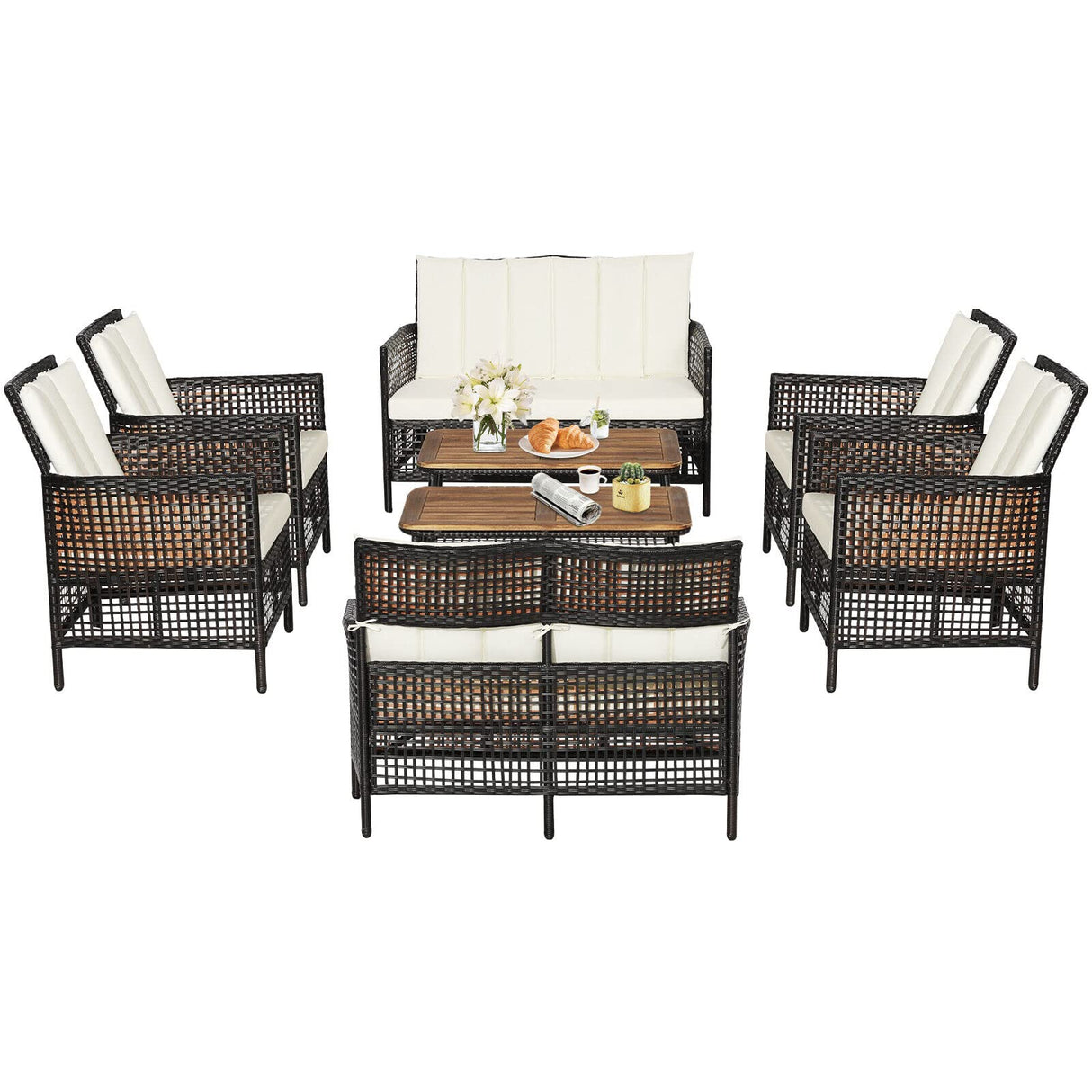 Tangkula 8 Pieces Patio Furniture Set, Outdoor PE Wicker Conversation Set with 2-Tier Coffee Table, Acacia Wood Tabletop & Extra Storage Shelf, Outdoor Furniture Sofa Set w/Cushions (2, Off White) Tangkula