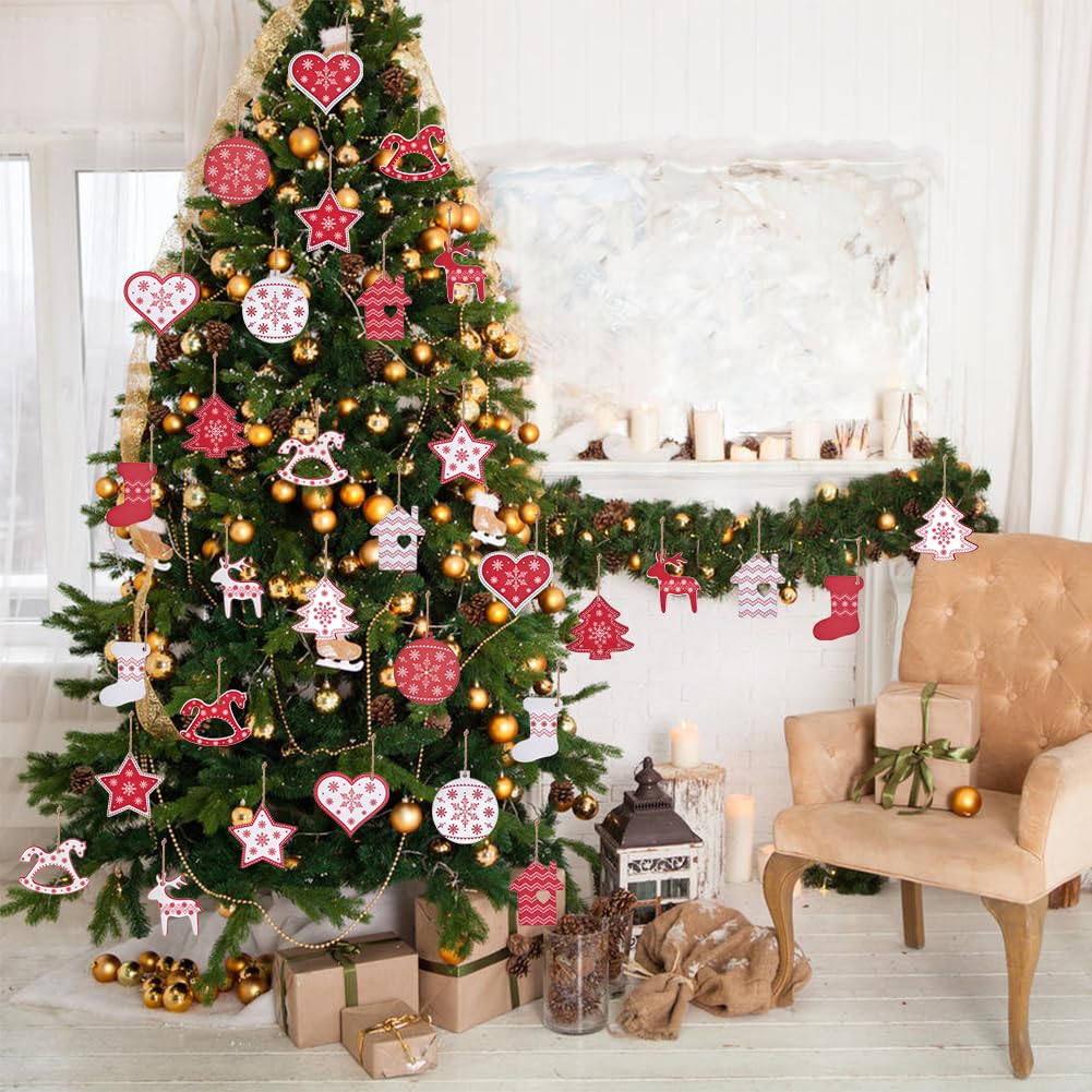 Christmas Ornaments, IDATOO 32 PCS Wooden Christmas Tree Hanging Decorations, Farmhouse Rustic Personalized Gift for Christmas Home Xmas Tree Window Door Accessories (32 pcs) IDATOO