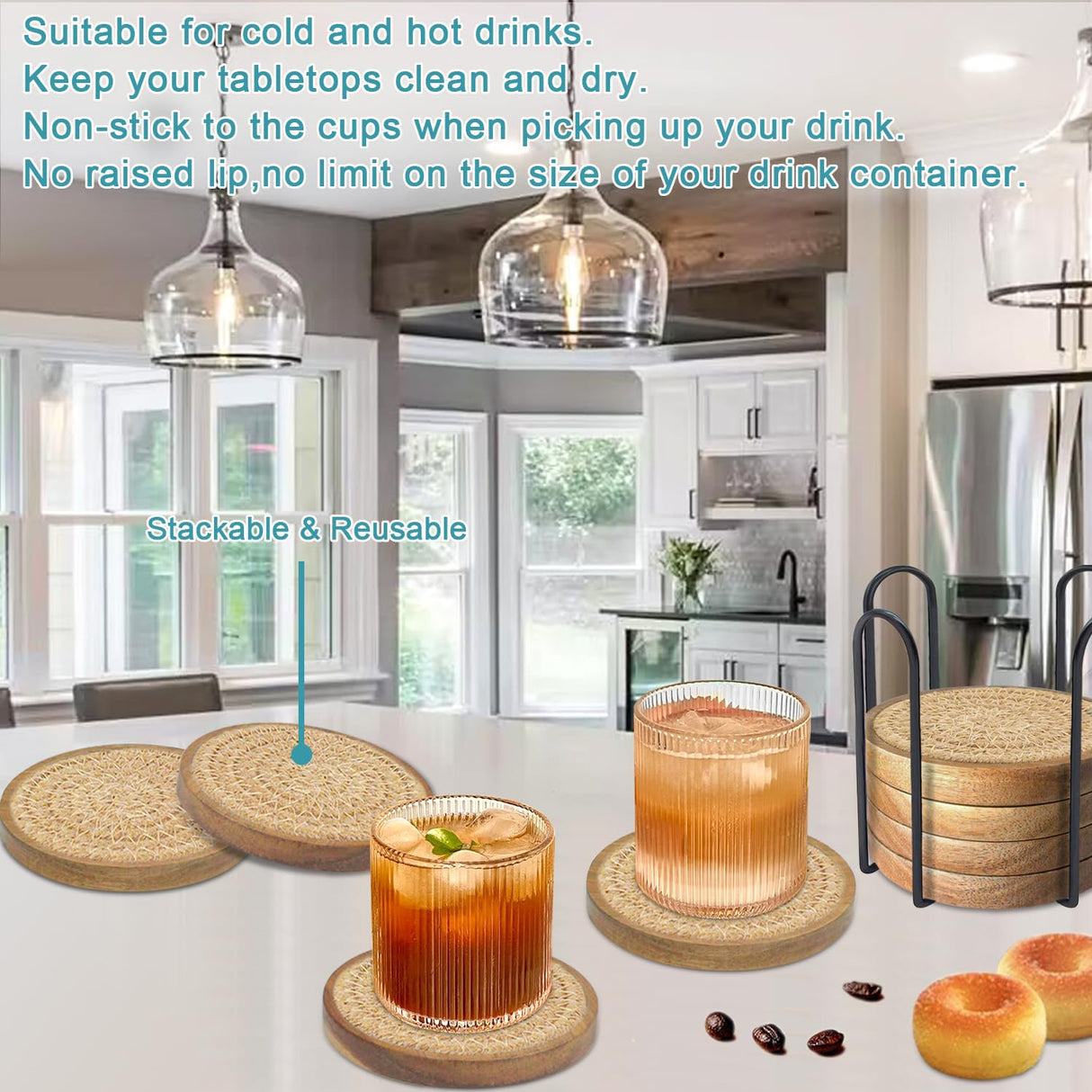 Eykao Wood Coasters for Drinks, Absorbent Coaster Sets of 8, Woven Drink Coasters for Coffee Table, Housewarming Gift for Farmhouse Home Decor,4.3 inches Brown Eykao