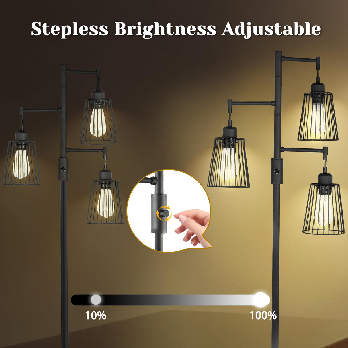 COFF Industrial Floor Lamp, 3 x 1200LM Edison LED Bulbs Included, Bright 3-Light Dimmable Floor Lamp, Farmhouse Tall Standing Lamp for Living Room, Bedroom Office Rustic Home Decor (Matte Black) COFF