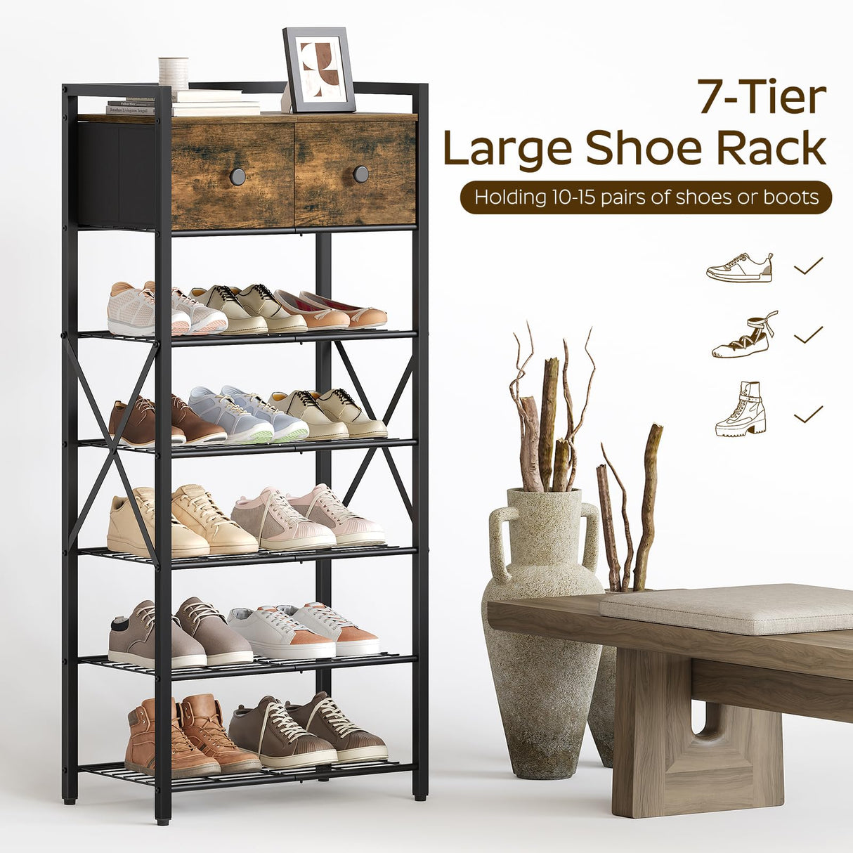 YATINEY Shoe Rack, 7-Tier Shoe Storage Organizer for Entryway, Free Standing Shoe Shelf with 2 Non-Woven Drawers, Metal Frame, for Closet, Hallway, Garage, Rustic Brown and Black SS07BR YATINEY