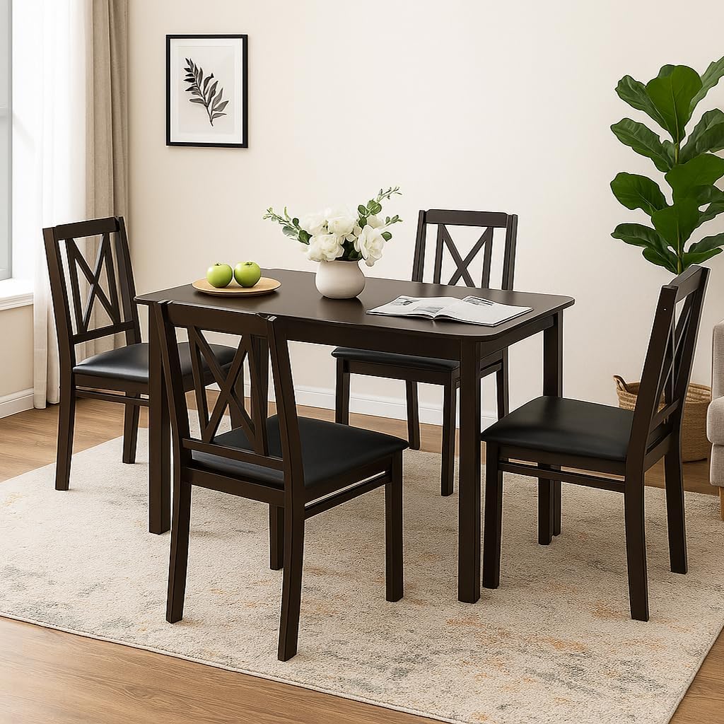 Tangkula 47" Dining Table Set for 4, Farmhouse Solid Wood Dinette Set w/Rubber Wood Legs, 4 Padded Chairs, Mid-Century Modern Dining Table and Chairs Set for Kitchen, Dining Room Tangkula