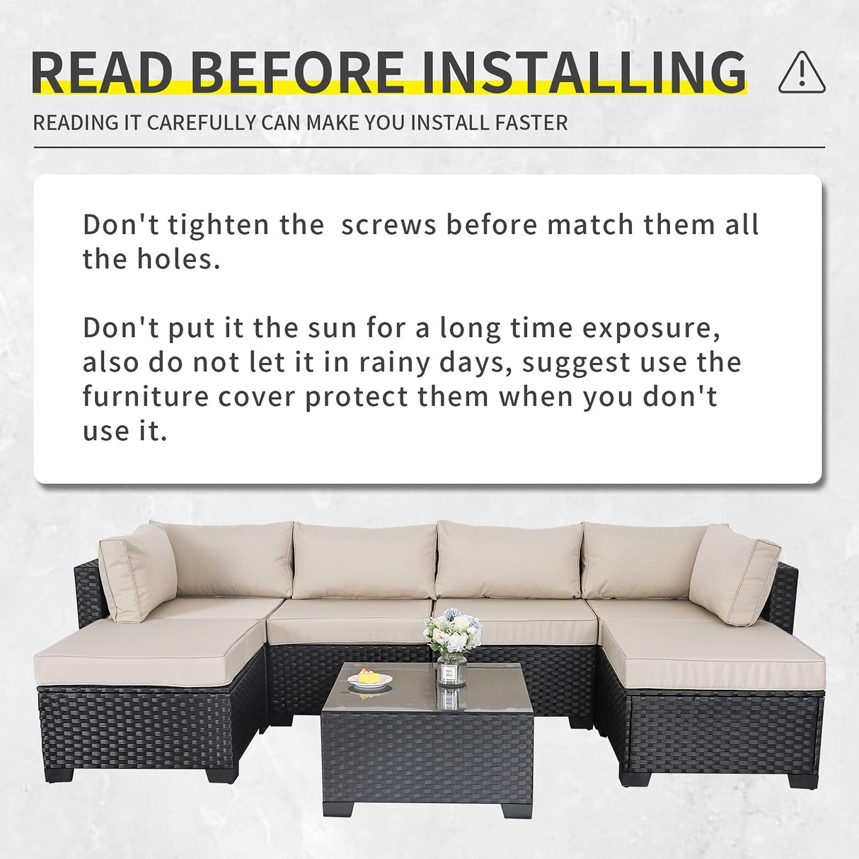 Lviden 7 Pieces Outdoor PE Wicker Furniture Set Patio Rattan Sectional conversation sofa set with Khaki Cushions and Glass Top Table Lviden