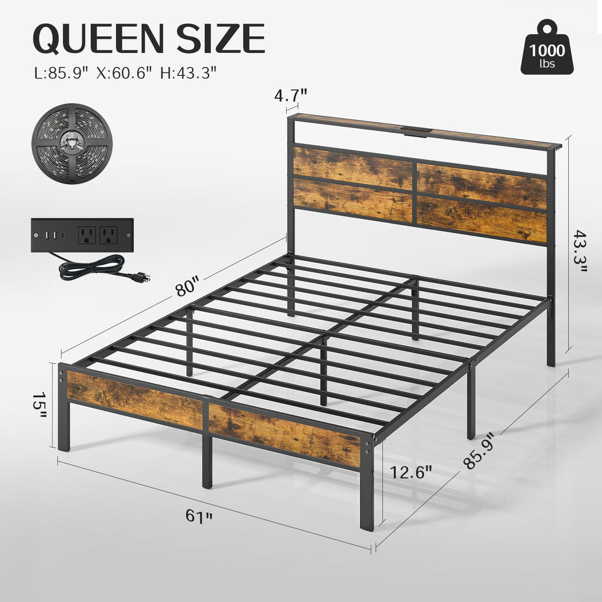 Liians Queen Size Bed Frame, Queen Bed with Charging Station Headboard and LED Lights, Platform Bed with Metal Slats, No Box Spring Needed Liians