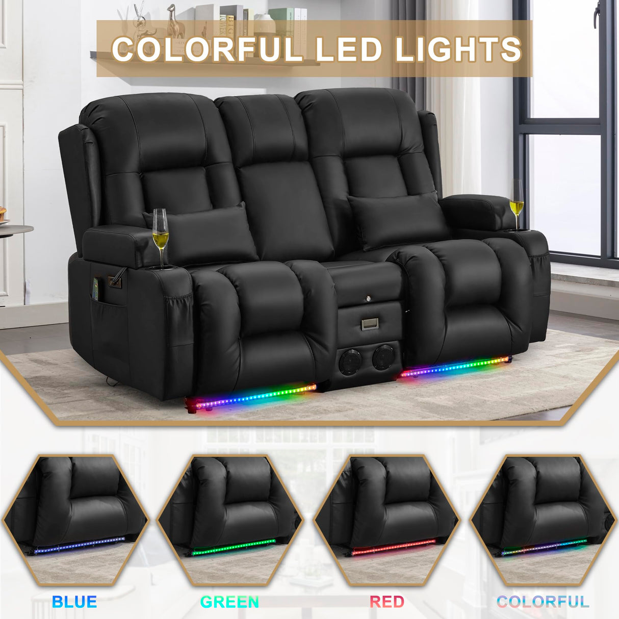 URRED Power Reclining Loveseat Sofa with Console, RV Couch Loveseat Recliner Sofa with Massage & Heat, LED Light, Cupholders, Bluetooth Speakers, USB Charge Ports, Outlets, Faux Leather, Black URRED