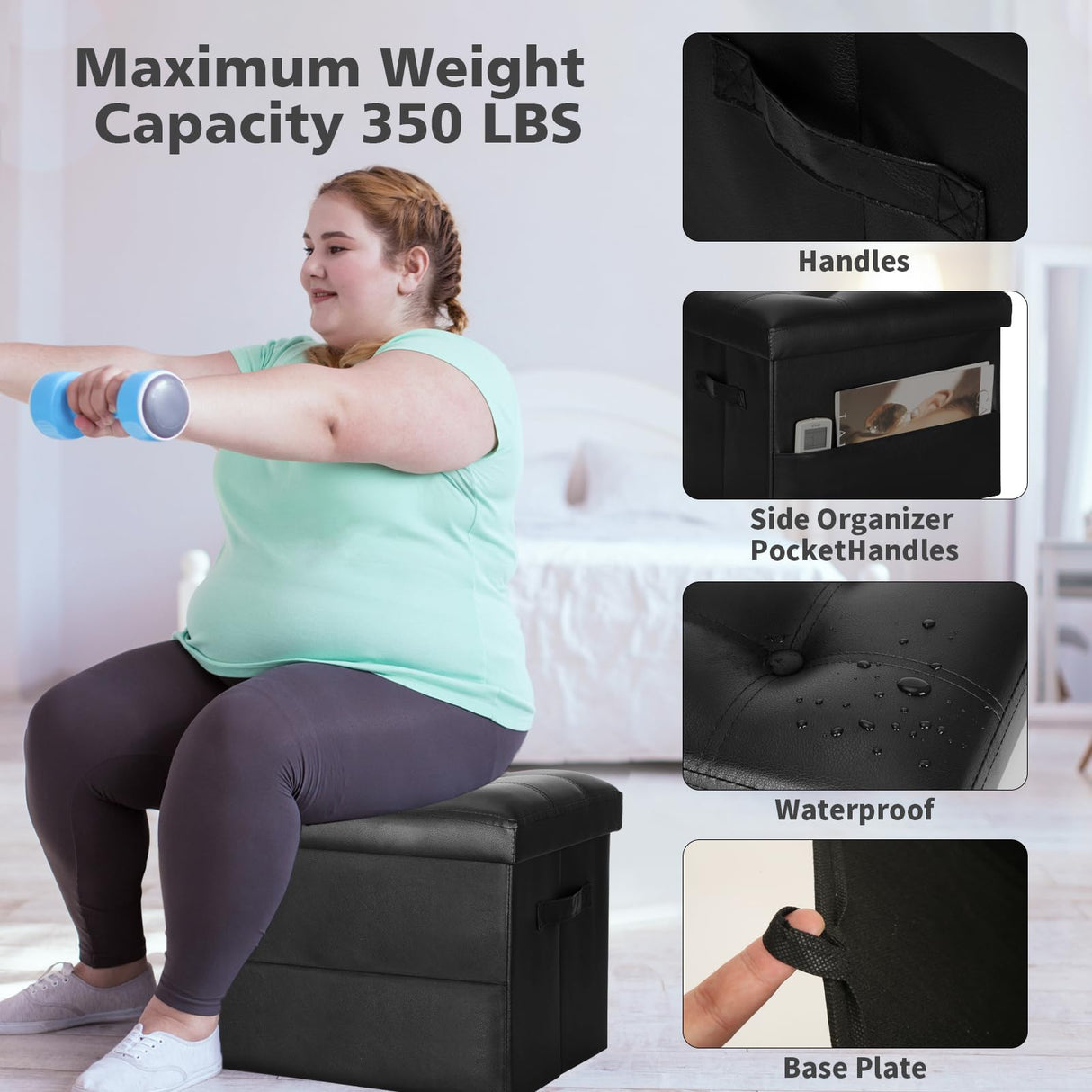 BelugaHelper Storage Ottoman Foot Rest Stool with Thicker Foam Padded Seat. Foldable Leather Footstool Bench. Small Ottoman with Storage for Living Room Bedroom Coffee Table 350 lbs, 17x13x13in, Black BelugaHelper