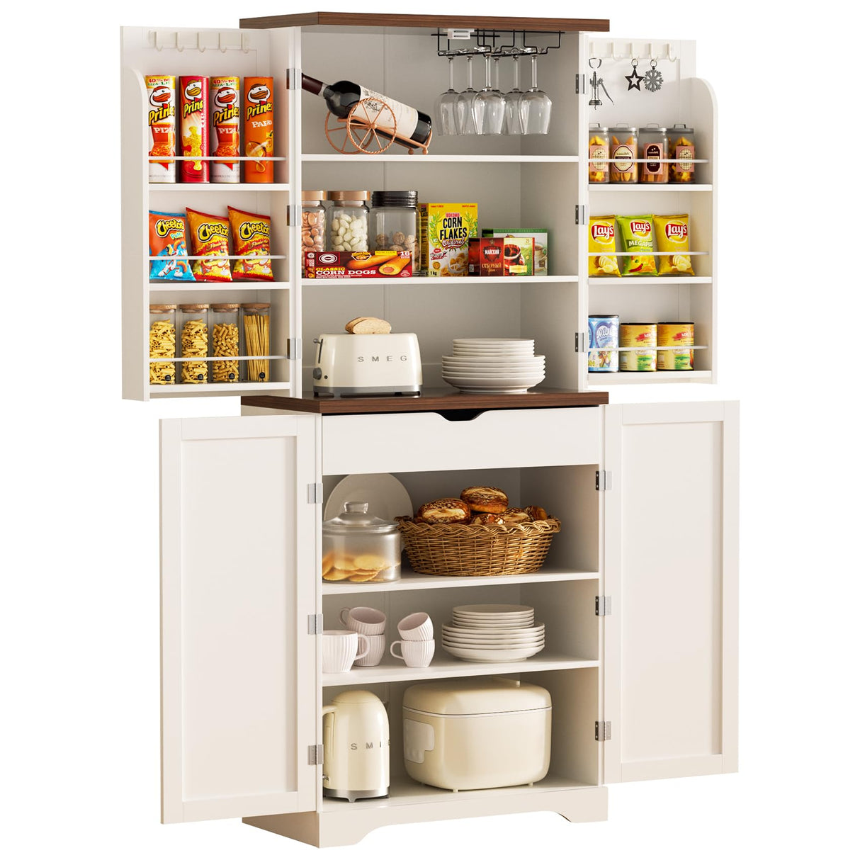 SYESWAY Kitchen Pantry Cabinet, 71”Tall Storage Cabinet with Glasses Rack, 10 Hooks, 6 Door Shelves, Freestanding Cupboard with Barn Doors, Pantry Cabinets for Kitchen, Dining Room, White SYESWAY