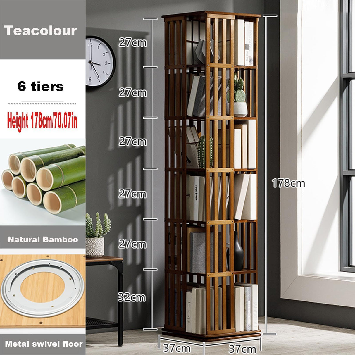 XAFNG 360-Degree Rotating Bamboo Bookcase - 5/6 Tier Freestanding Storage Organizer for Home and Office WoodArtSupply
