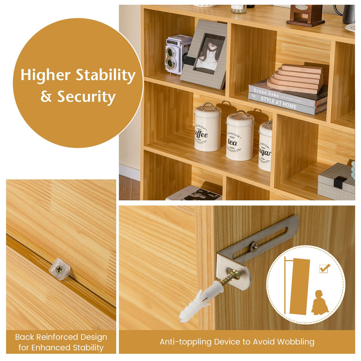 Giantex 8 Cube Bookcase, Freestanding 3-Tier Open Bookshelf, Modern Storage Display Cabinet, Wood Cube Storage Organizer for Living Room, Kid’s Room, Burlywood Giantex