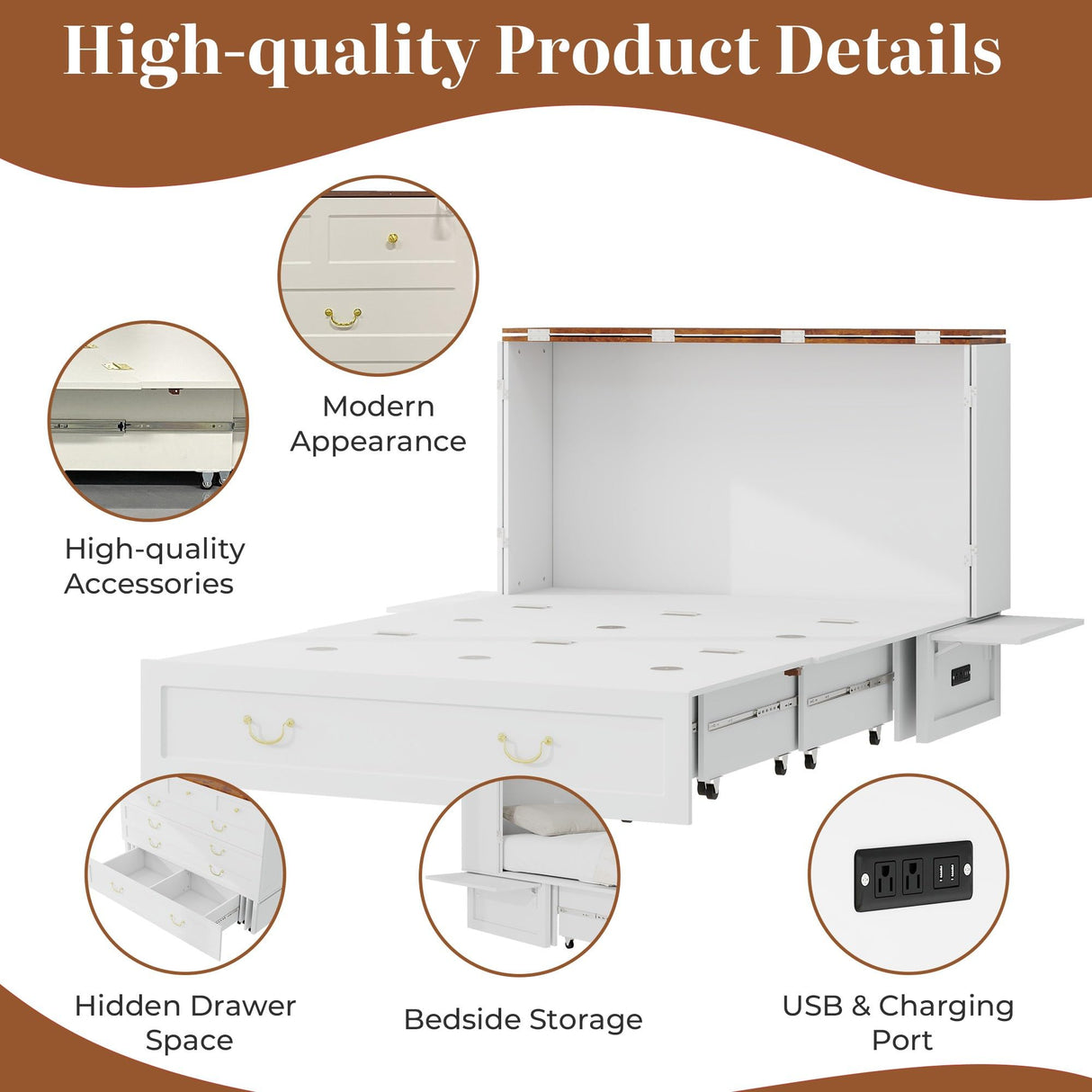 Tafeumob Murphy Bed Queen Size: Wood Murphy Bed Cabinet with Drawer Space-Saving with Shelves & Charging Station for Bedroom, Multipurpose Area, Guest Room, Apartment White (Without Mattress) Tafeumob