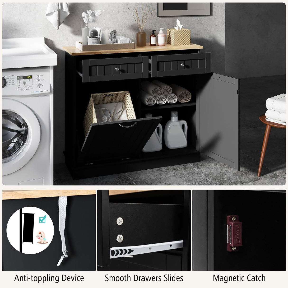 SILKYDRY Tilt-Out Trash Cabinet & Kitchen Island with Adjustable Shelf and Drawers - Black SILKYDRY