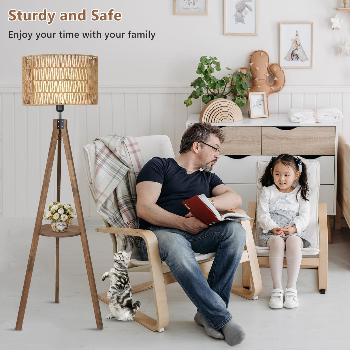 LAMSU Boho Tripod Floor Lamps for Living Room, Rattan Wood Floor Lamp with Fabric Shades, Mid Century Standing Lamp with Shelf, Foot Switch, Modern Farmhouse Tall Lamps for Bedroom Office Brown LAMSU