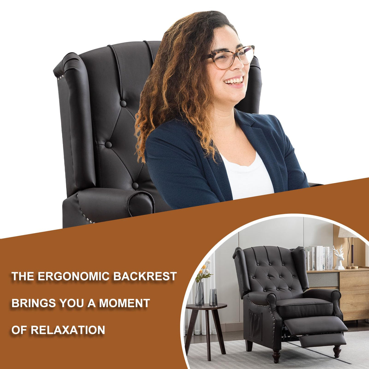 Oprisen Push Back Recliner Mid-Century Modern Accent Chair Single Reading Chair Faux Leather Arm Chair for Living Room w/Heat Massage/Side Pockets (Brown*1, 1 PC) Oprisen