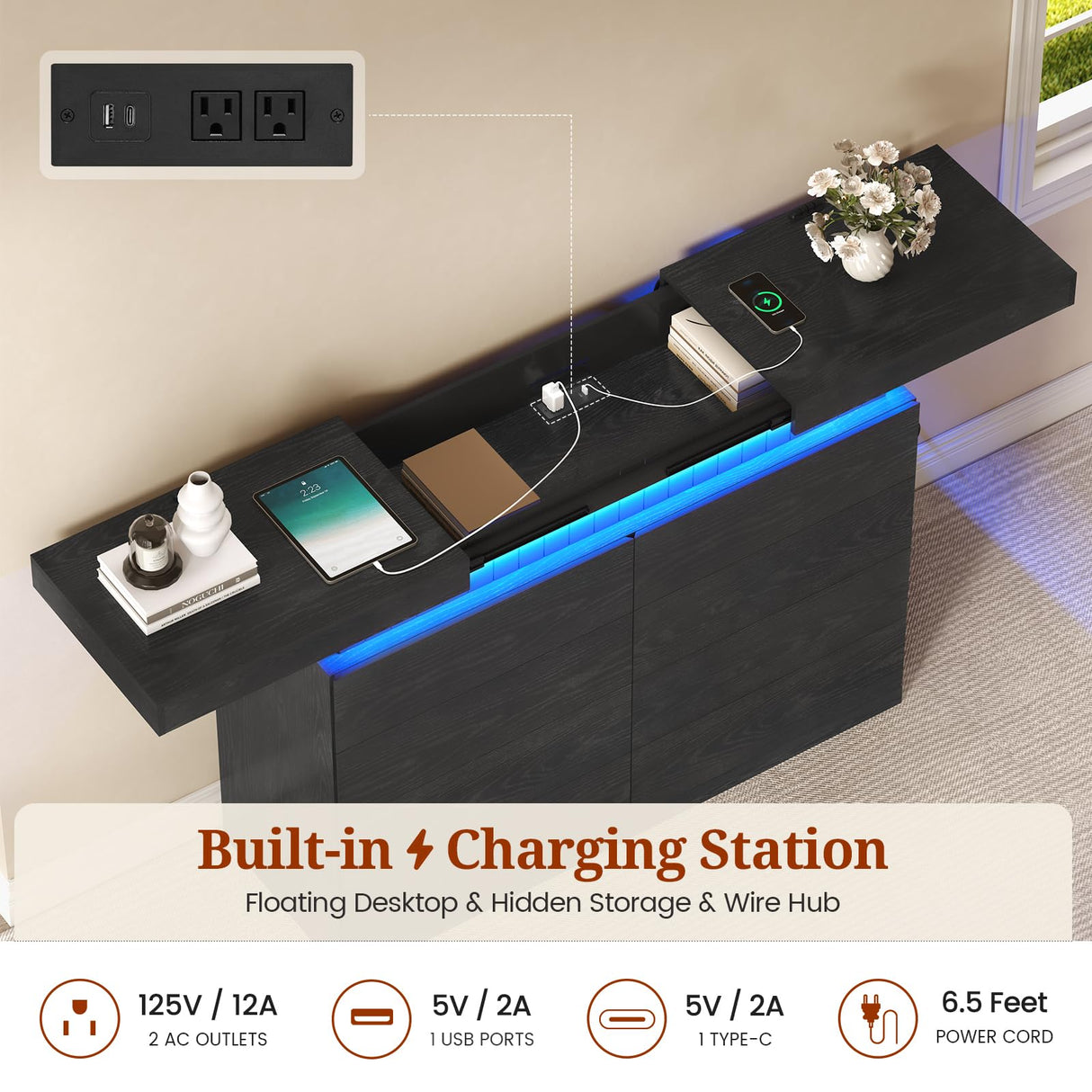 UPOSOJA Tall Black Dresser for Bedroom, Modern 8 Wood Drawers with LED Light and Power Outlet, Floating Dressers for Closet, Large Chest of Drawer for Living Room, Hallway, Entryway (8 Drawers,Black) UPOSOJA