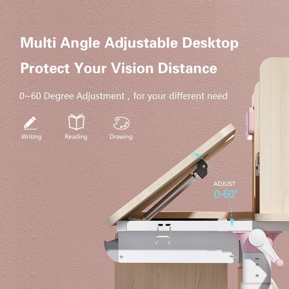 FCD Kids Desk and Chair, Wood Ergonomic Adjustable Multi Function Study Desk and Chair Set, Drafting Table and Computer Station with Tilt Desktop, Tablet Holder, Storage Cabinet and Drawers (Blue) FCD