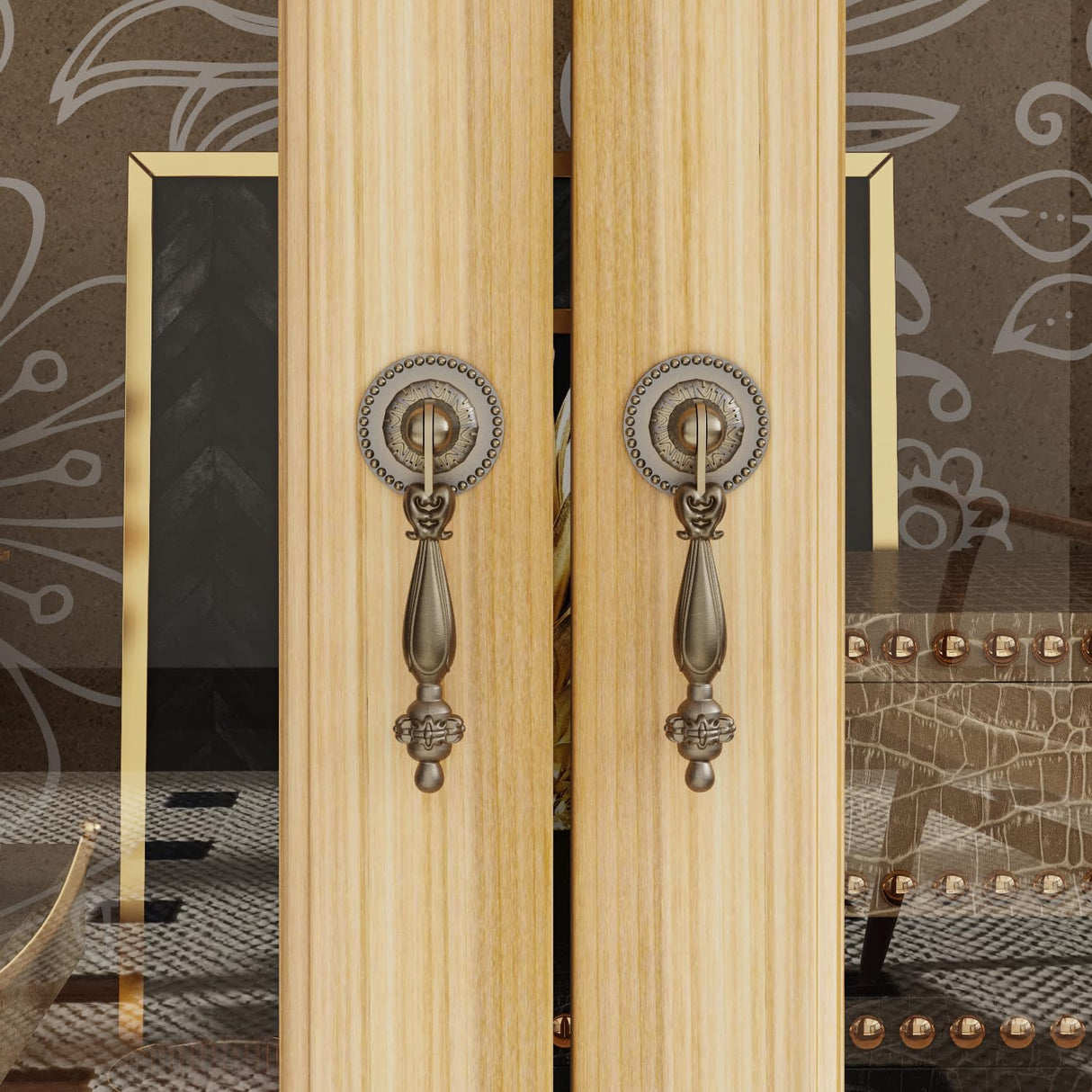 WOODTIME 78.7" W Wooden Sideboard with 8 Glass Doors & Fir Wood Frame, Storage Curio Display Cabinet with Patterned Backpanel, Coffee Bar Cabinet for Living Room Home Office, Brown WOODTIME