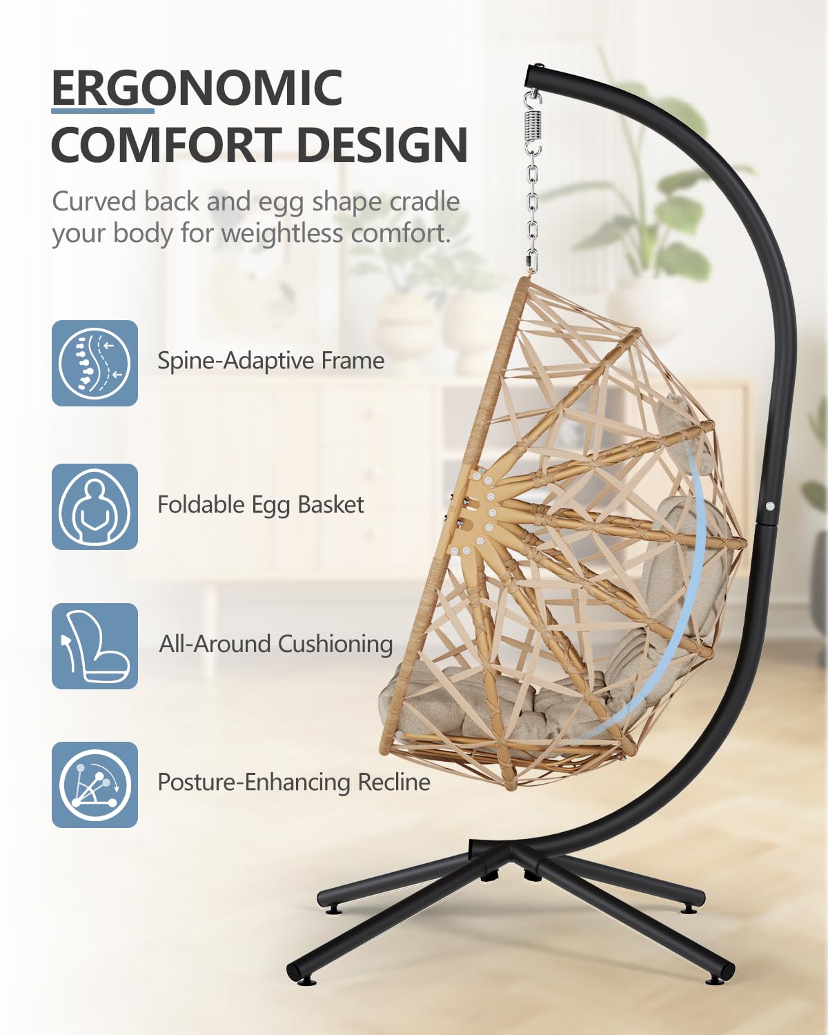 SWITTE Egg Chair Outdoor with Stand, Indoor Wicker Hanging Egg Swing Chair with Cushion, 400LBS Capacity for Patio, Bedroom & Garden - Cream SWITTE