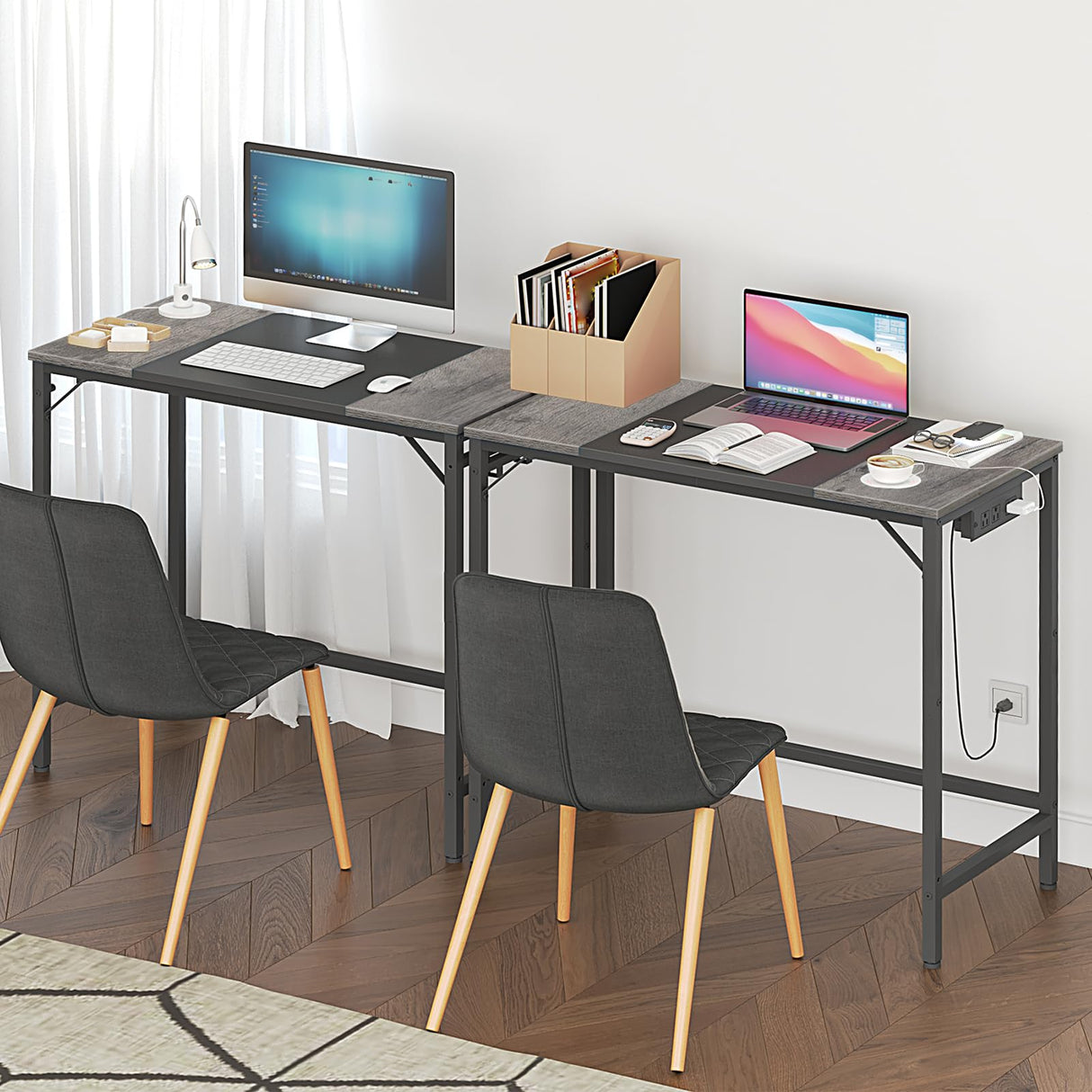 HOOBRO Computer Desk, Home Office Desk with Power Outlet, Modern Study Writing Desk with 3 Hooks for Study Room, Home Office, Sturdy and Stable, Easy to Assemble, Charcoal Gray and Black BC40UDN01 HOOBRO