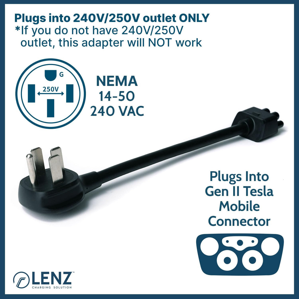 LENZ NEMA 14-50 Adapter for Tesla Gen 2 Mobile Charger (Verify Correct Outlet for Plug), Connect Tesla Portable Charger to 240V 14-50 Outlet at 32 Amp (16-Inch Length) LENZ