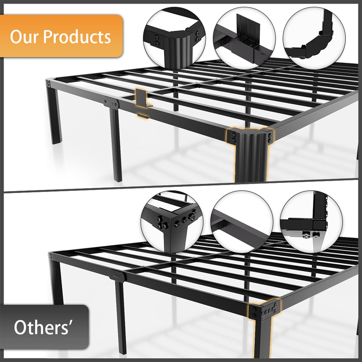 hiyuehome 14 inch Metal Queen Bed Frame with Rounded Corner and Headboard Hole Mattress Retainers 3500LBS Heavy Duty Steel Slats No Box Spring Needed Platform Noise-Free Easy Assembly hiyuehome