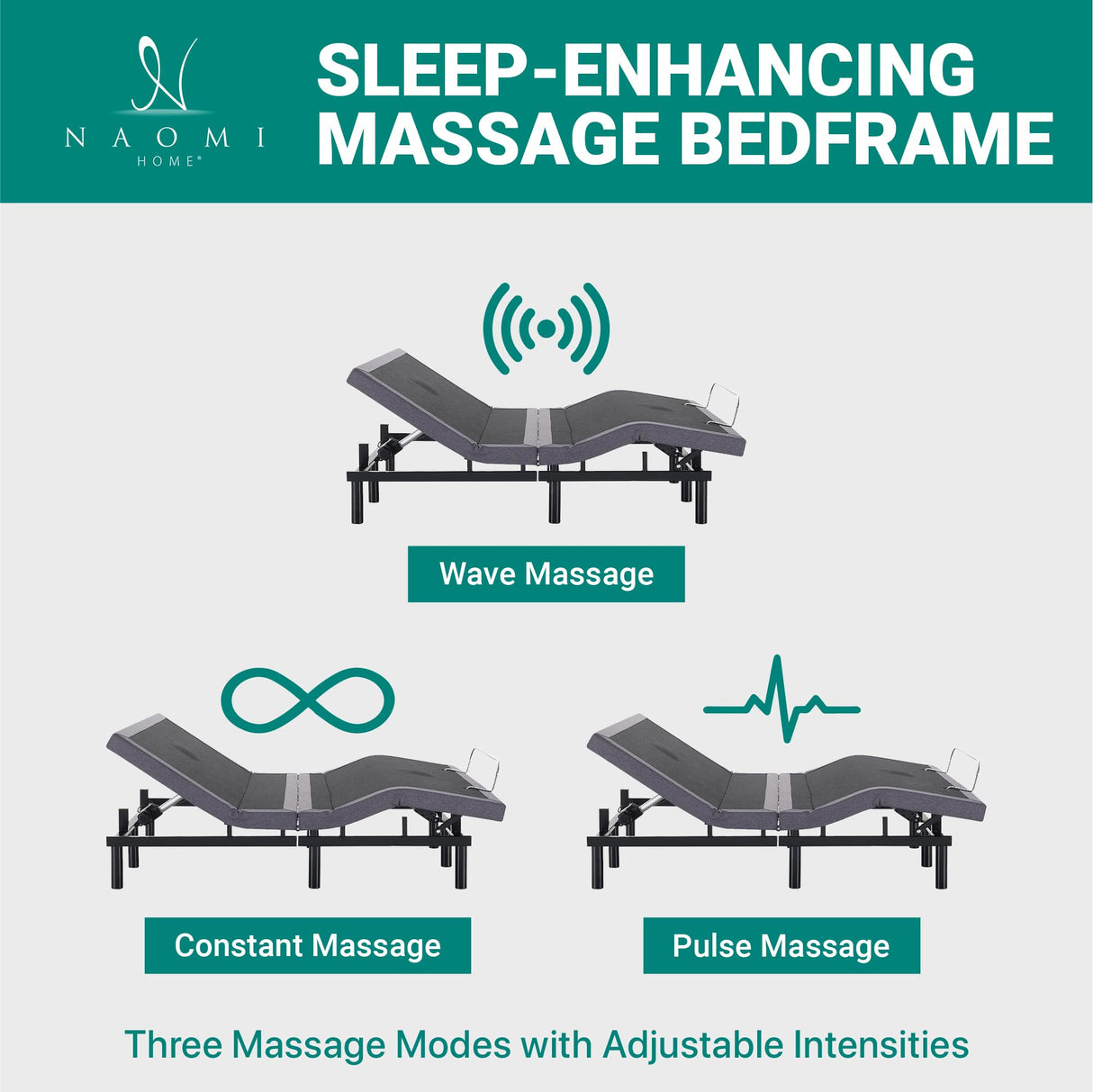 Naomi Home Idealbase Split King Adjustable Bed Base with Massage, USB Ports, Under-Bed Light, Wireless Remote, 800 Lb Capacity, Gray Metal Frame, Easy Setup for Couples’ Personalized Comfort Naomi Home