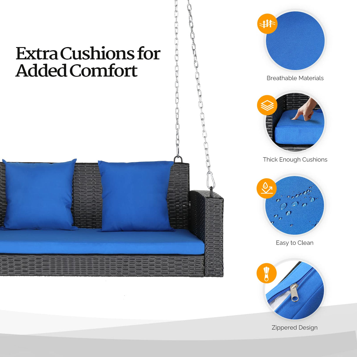 VINGLI Heavy Duty 800 LBS Wicker Hanging Porch Swing with Cushions & Chains, 4FT Outdoor Rattan Swing Bench for Garden, Yard, Lawn (Black+Blue) VINGLI