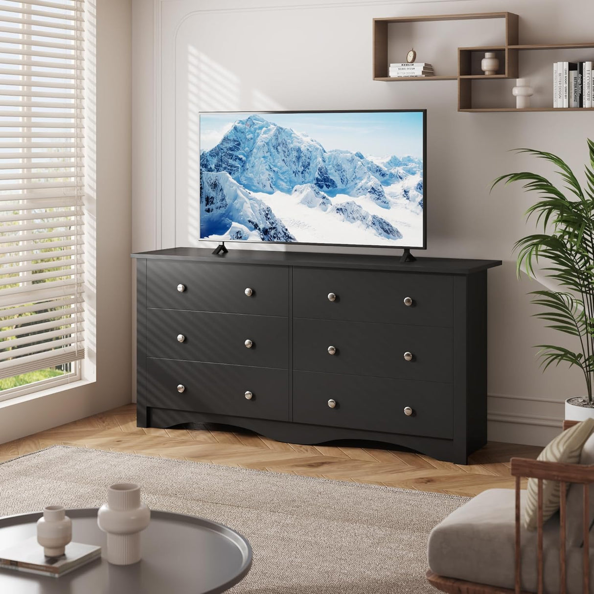 Furmax 6 Wood Drawers Dresser for Bedroom, Double Dresser for TV up to 65 inch, TV Stand Storage Chest of Drawers for Living Room Hallway Entryway (Black) Furmax