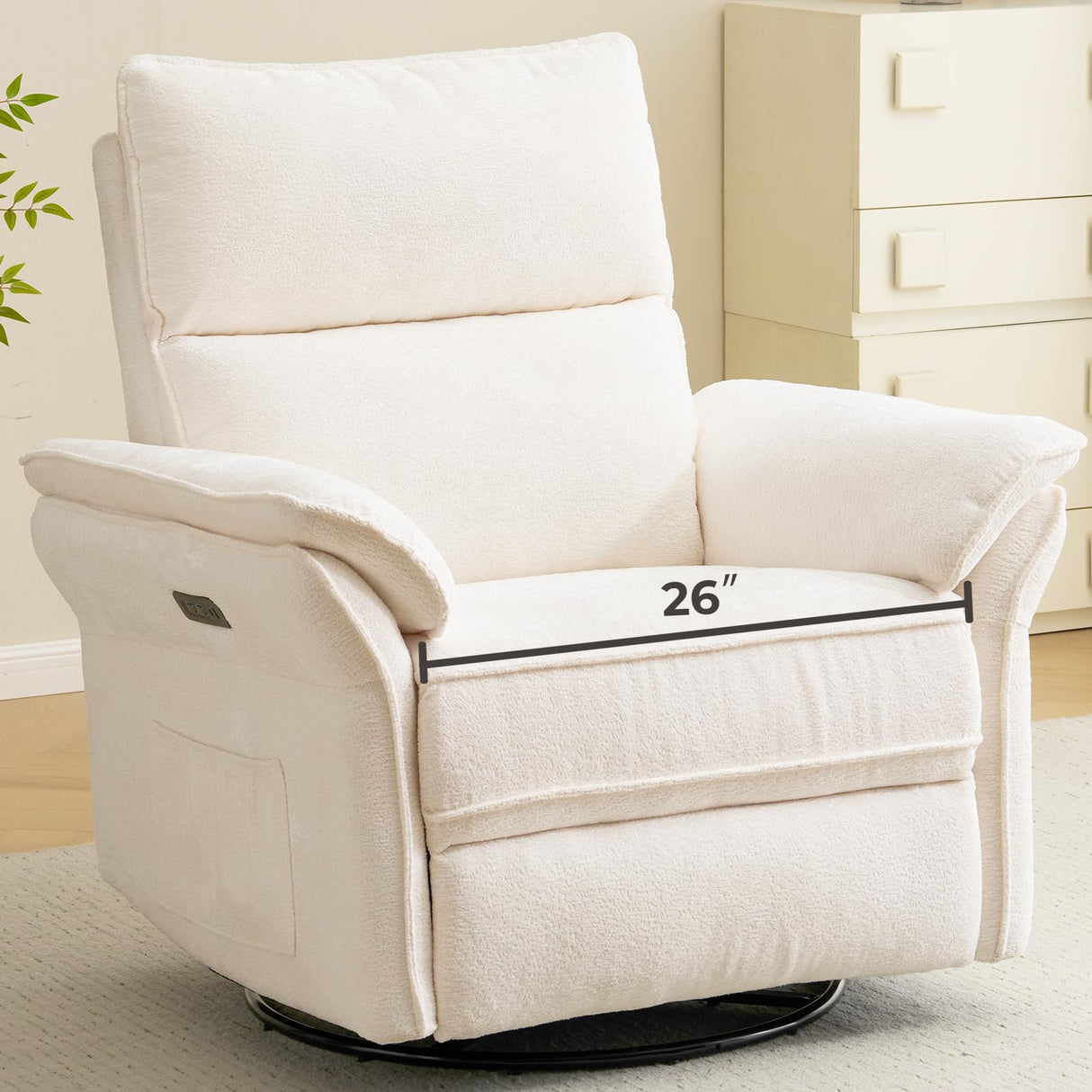 Rhevoy Oversized Power Recliner Chair Swivel Glider with Massage and Heat, Rocker Nursery Recliner for Adults with Adjustable Headrest, 26" Extra Wide Nursery Chair with Overstuffed Armrest,White Rhevoy