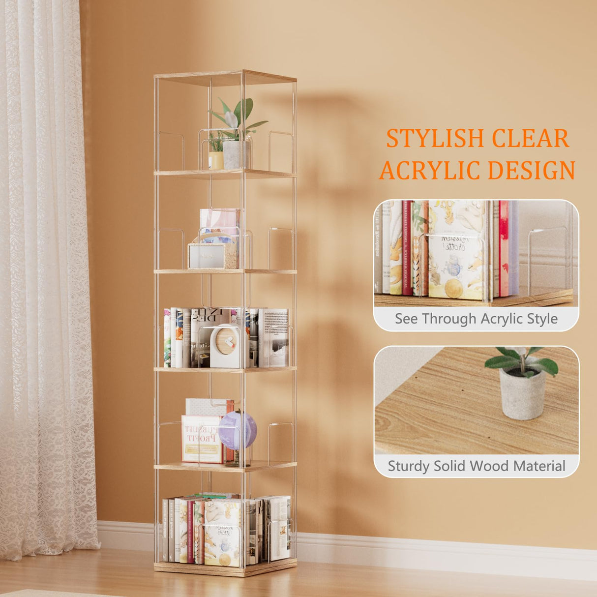 TAKEKIT 360° Rotating Bookshelf, 5-Tier Spinning Book Shelf Tower with Solid Wood & Clear Acrylic, Square Revolving Bookcase for Living Room, Bedroom and Office TAKEKIT