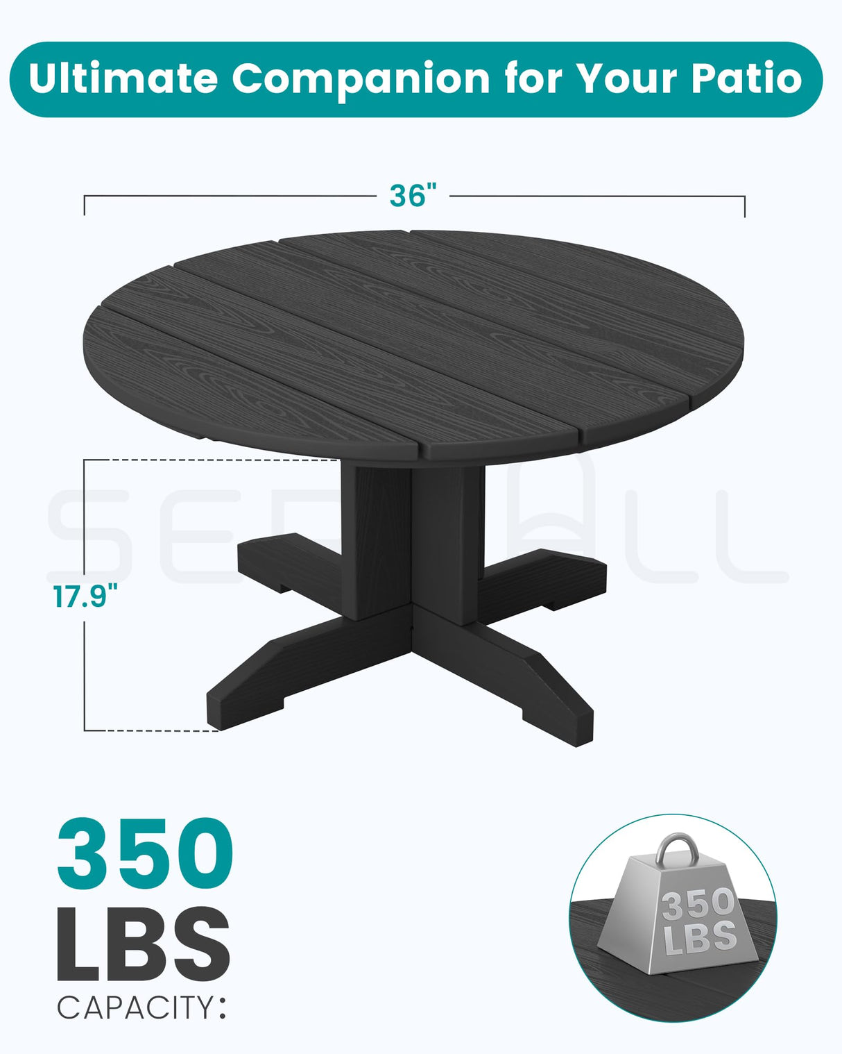 SERWALL Outdoor Coffee Table, HDPE Patio Round Coffee Table for Balcony, Garden, Backyard (Black) SERWALL